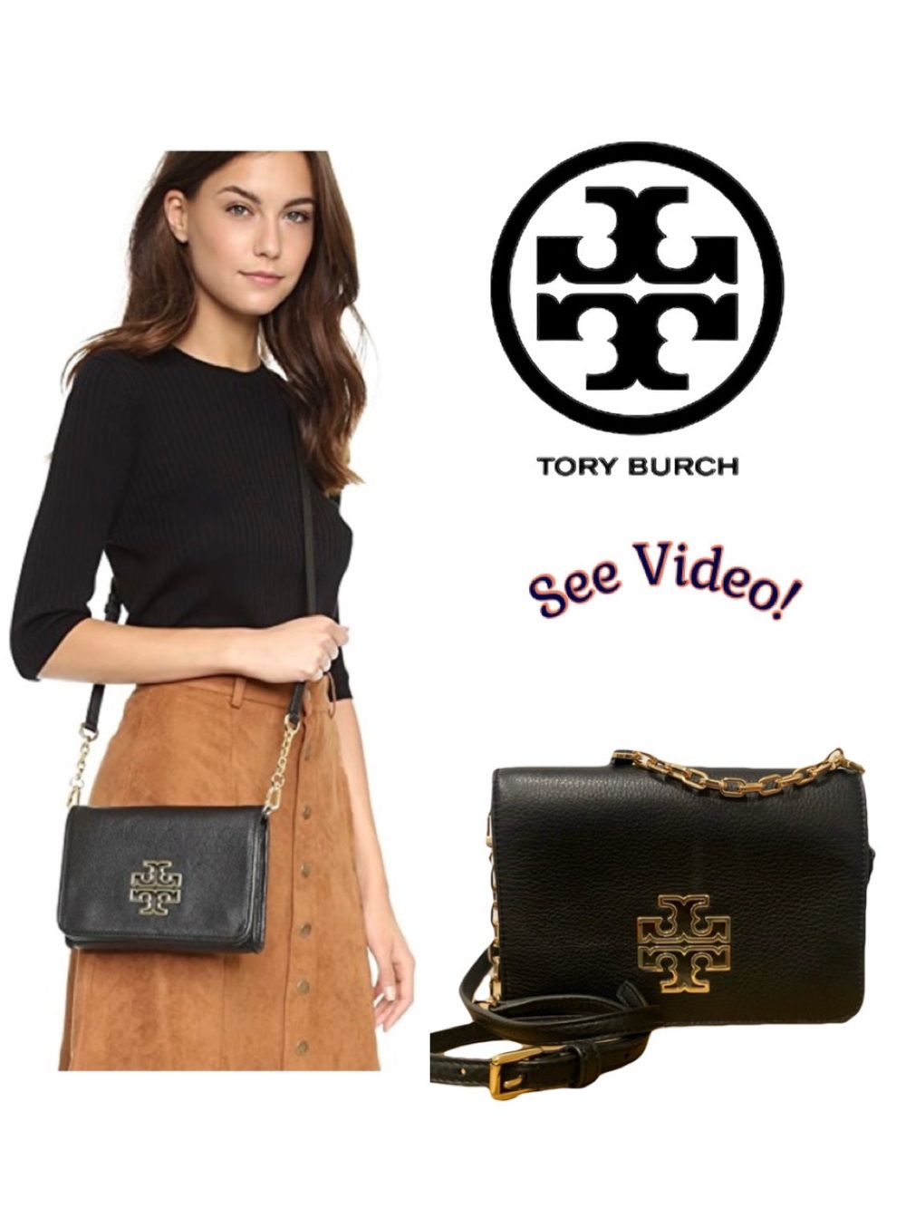 Tory Burch Black Leather Britten
Chain Crossbody with Gold Hardware